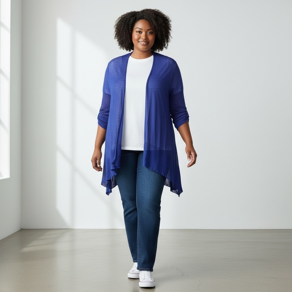 Eileen Fisher Woman Royal Blue Sheer Knit Open Front Cardigan Italian Yarn 1X